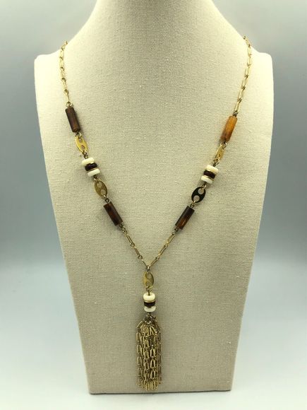 Jewelry - VINTAGE Gold Tone Tassel Beaded Pendant Retro Necklace, Disco Party Studio 54